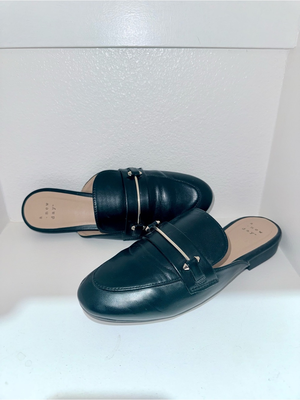 Target Black Leather Slip-On Loafer Mules with Gold Accent